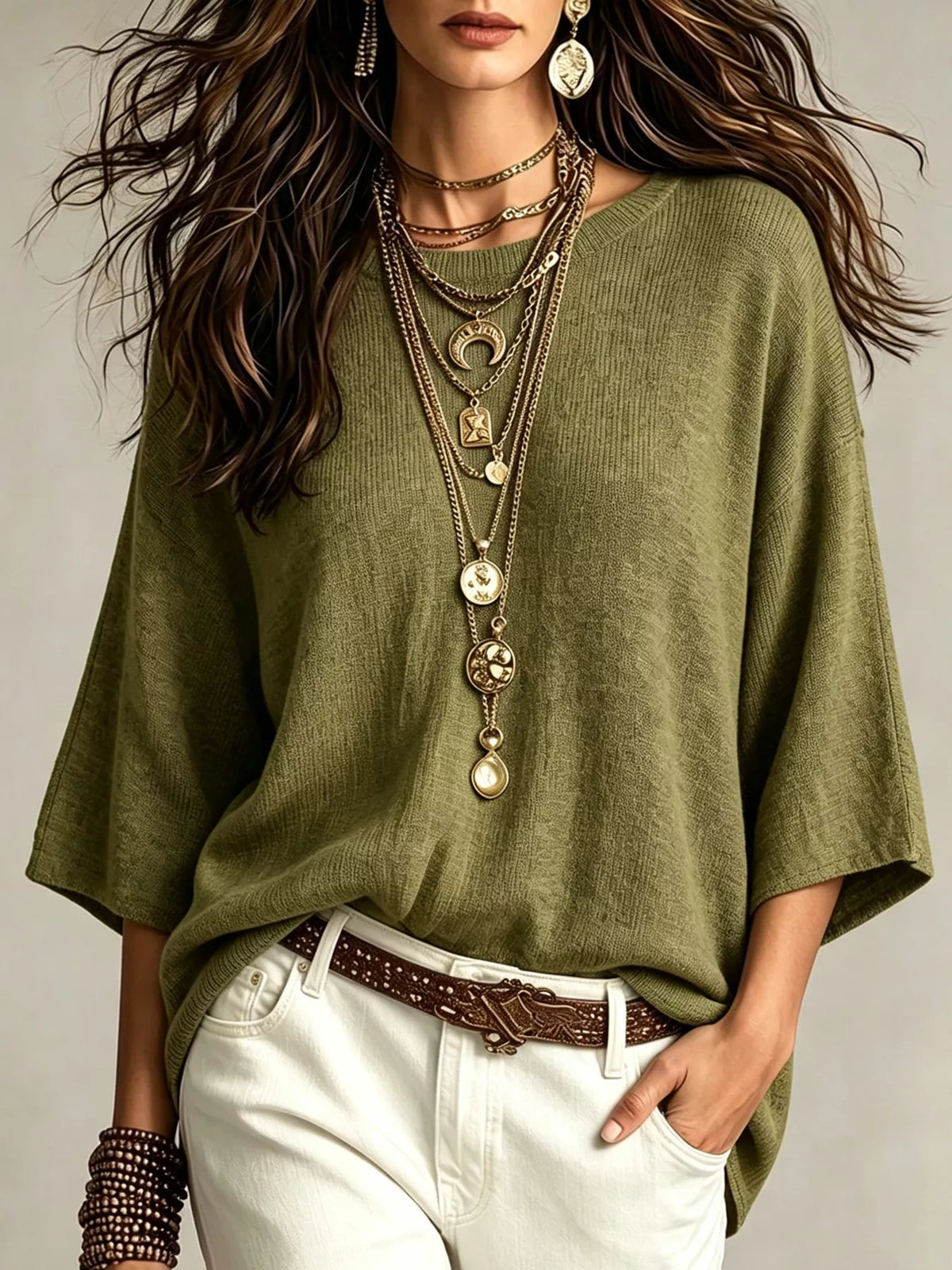 Green round-neck 3/4 sleeve knit top with relaxed, roomy fit