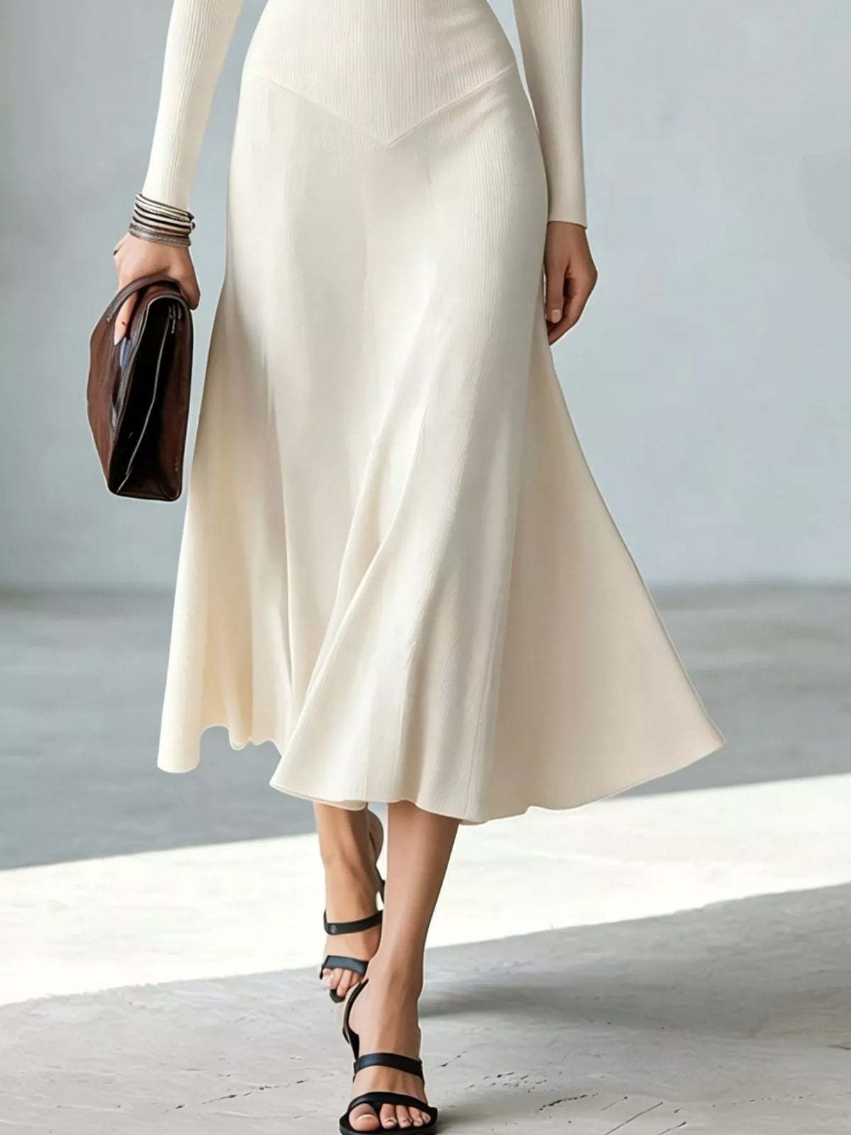 White mock neck cutout long-sleeve midi dress with smooth drape and flared midi skirt