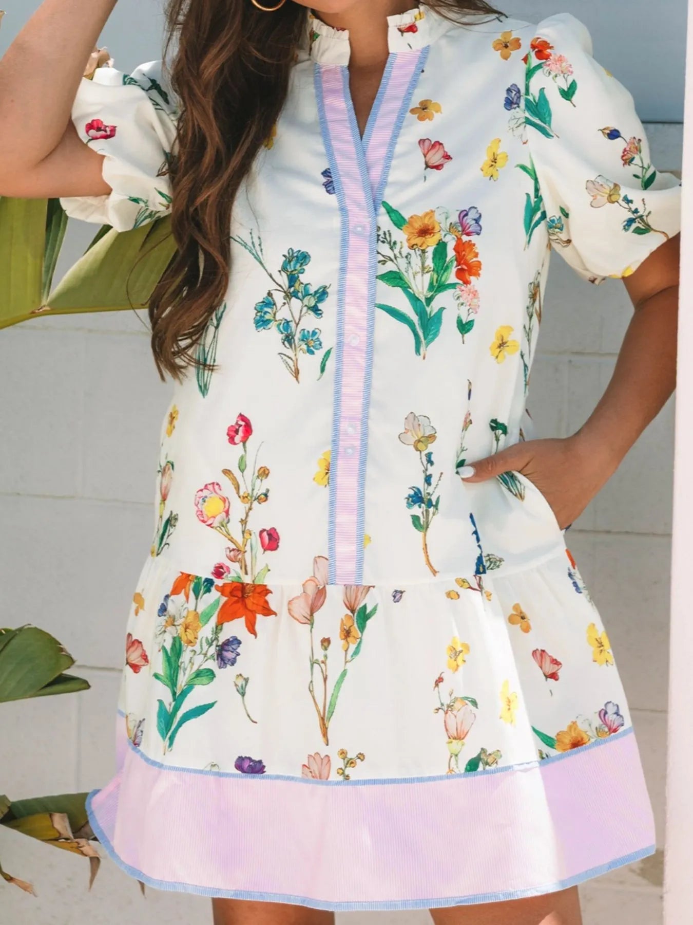 Floral Print Notched Short Sleeve Dress by Trendsi, white with pastel pink/blue trim