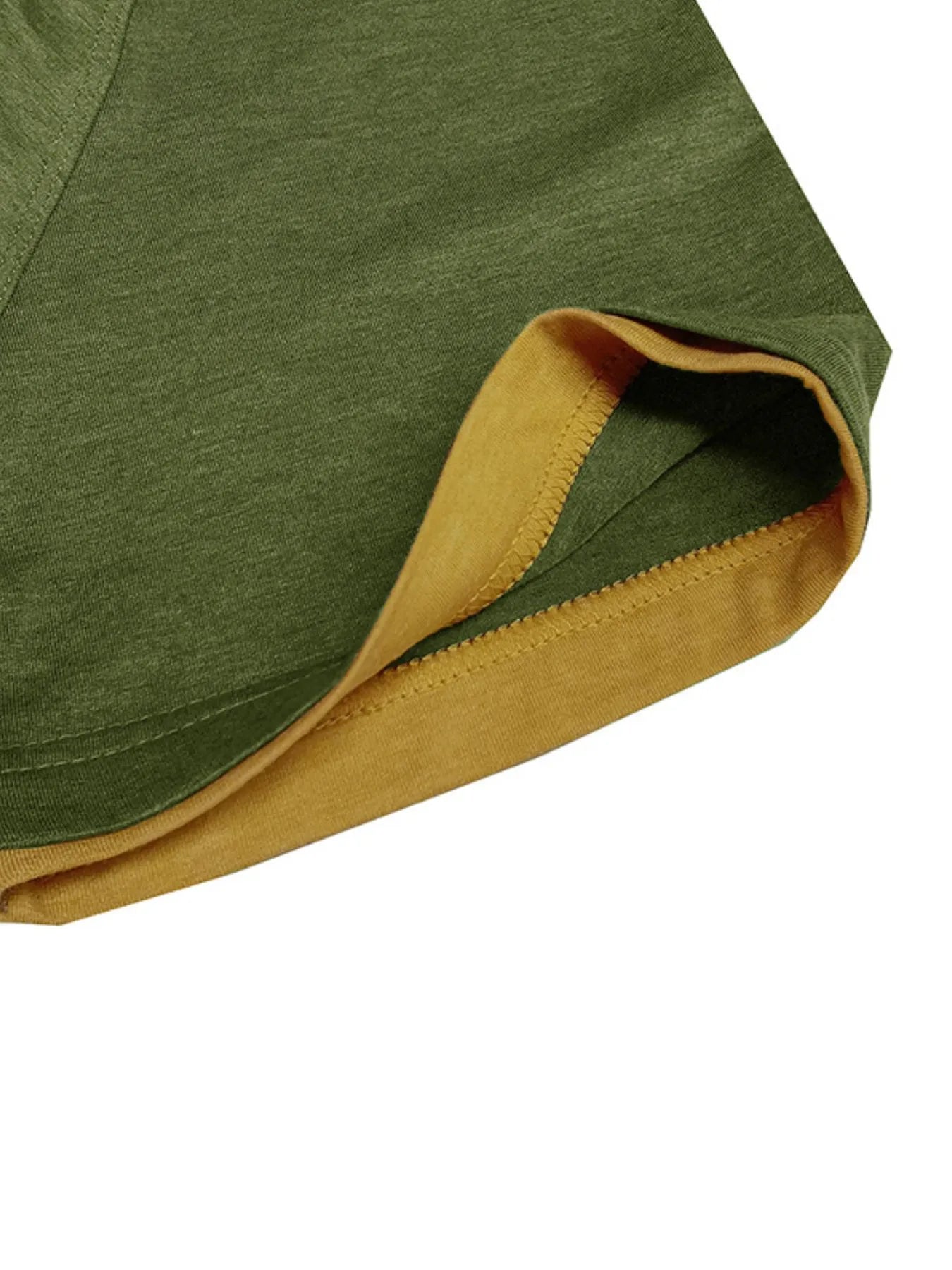 Green henley polo cuff/hem with yellow contrast edge trim.