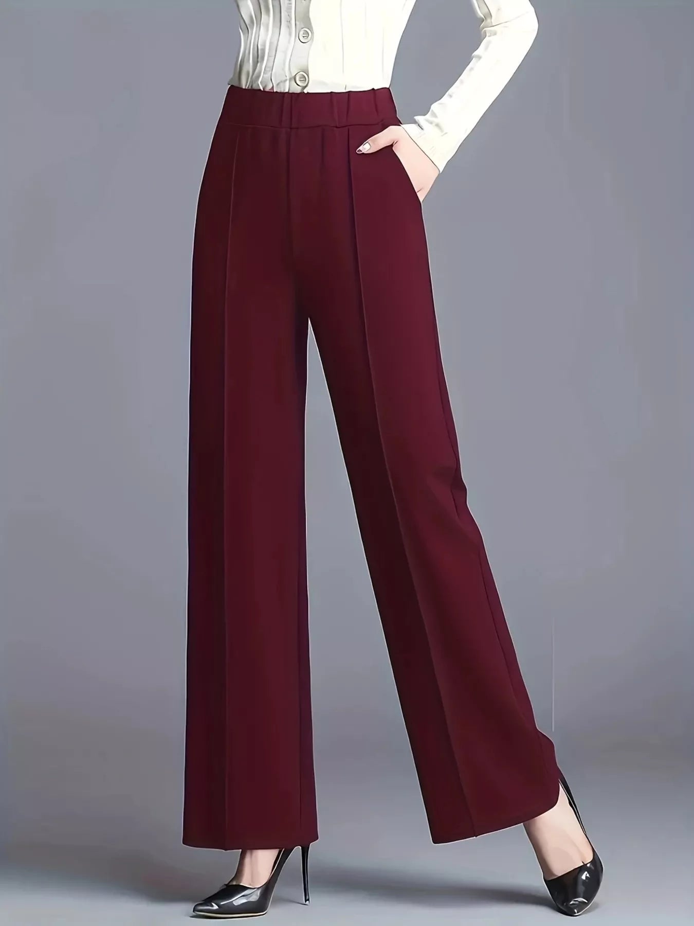 High-waisted wide-leg pants in burgundy, long wide legs with flat front and wide waistband