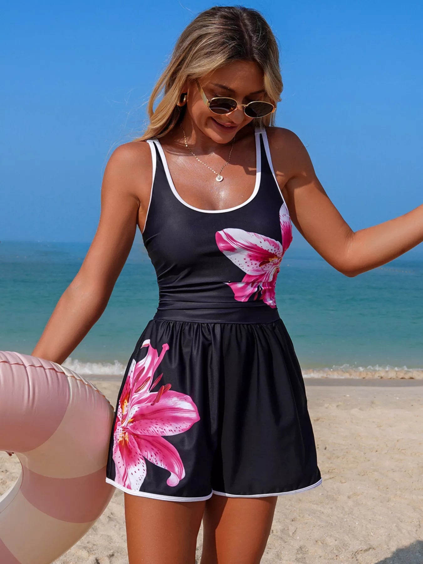 Contrast Trim Scoop Neck One-Piece Swimsuit in black with pink floral print and white trim