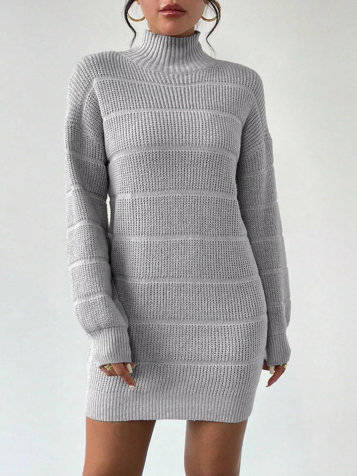 Ribbed turtleneck sweater dress, light gray, long sleeves, striped knit bands