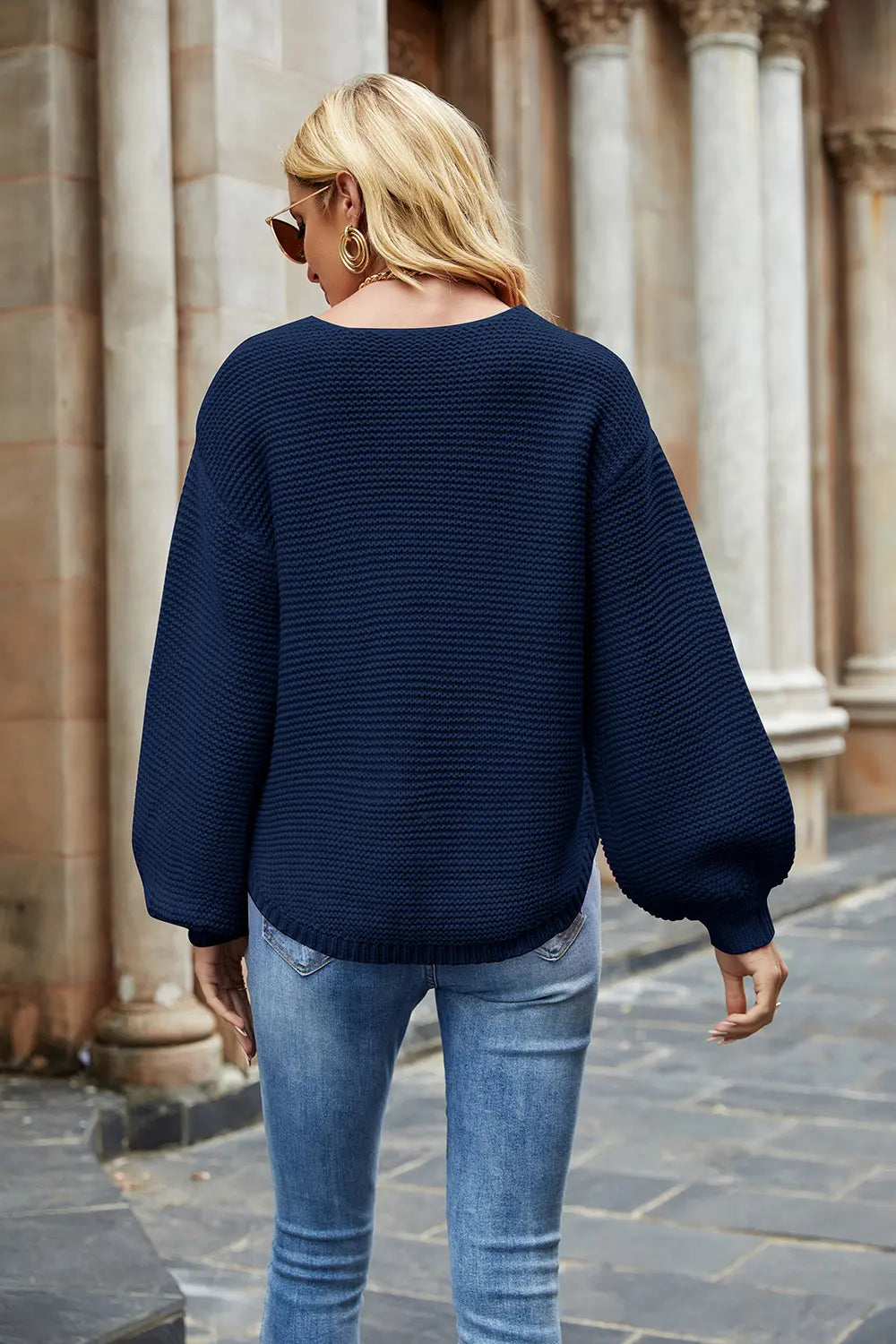Round-neck lantern-sleeve sweater, navy blue, back view
