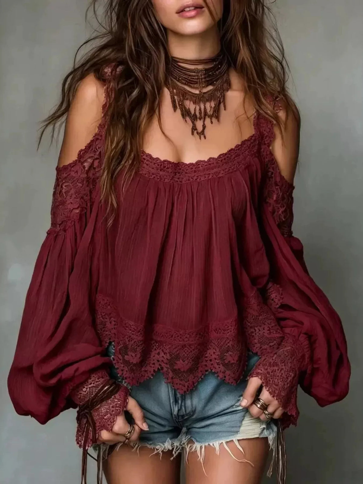 Burgundy sheer lace cold-shoulder blouse with scalloped lace hem