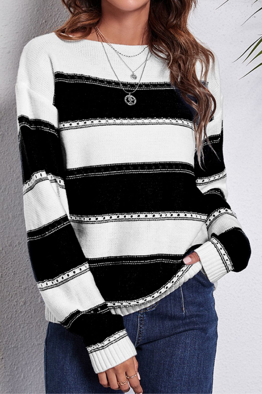 Black and white striped boat neck dropped shoulder sweater with ribbed cuffs