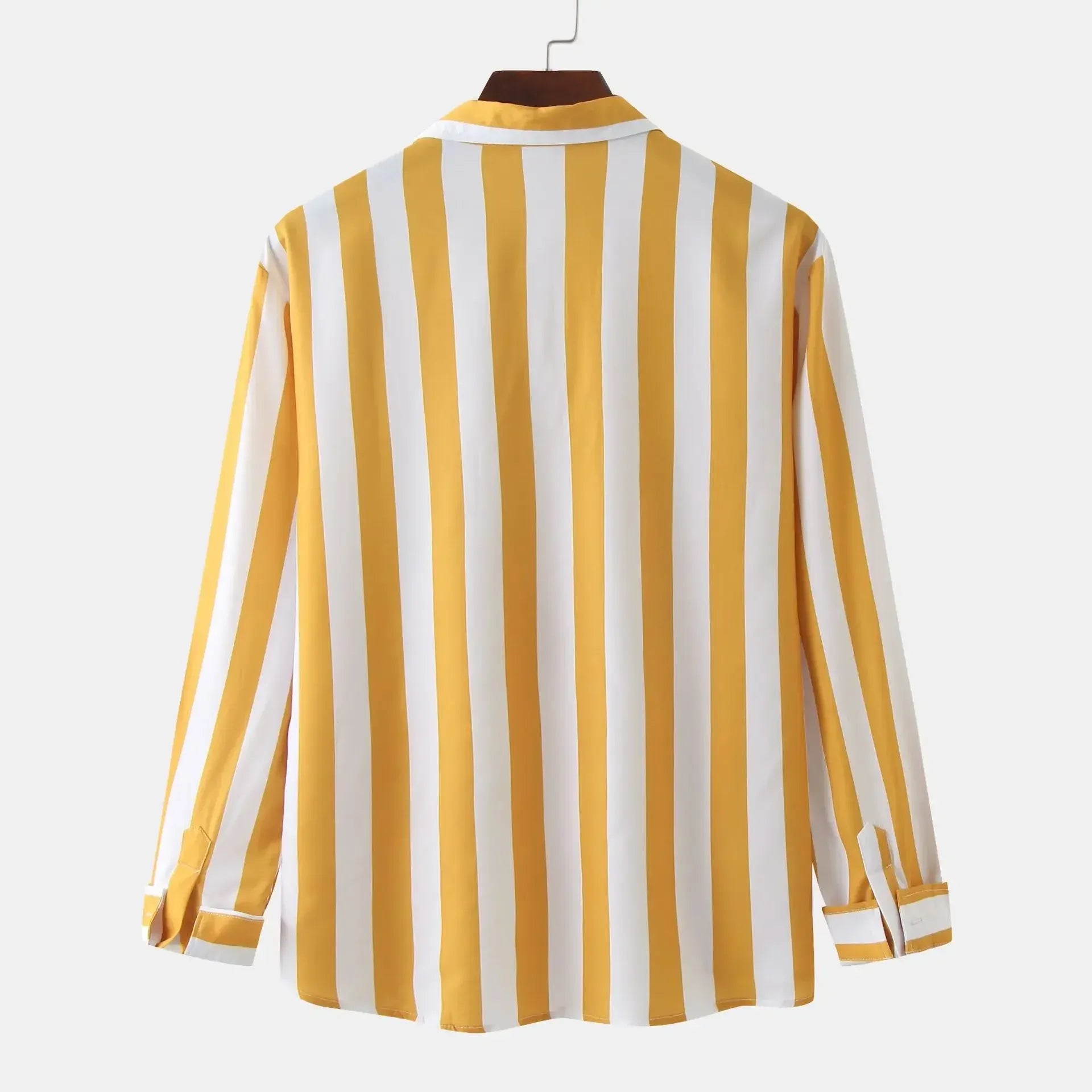 Yellow striped long-sleeve button-down shirt on hanger, back view