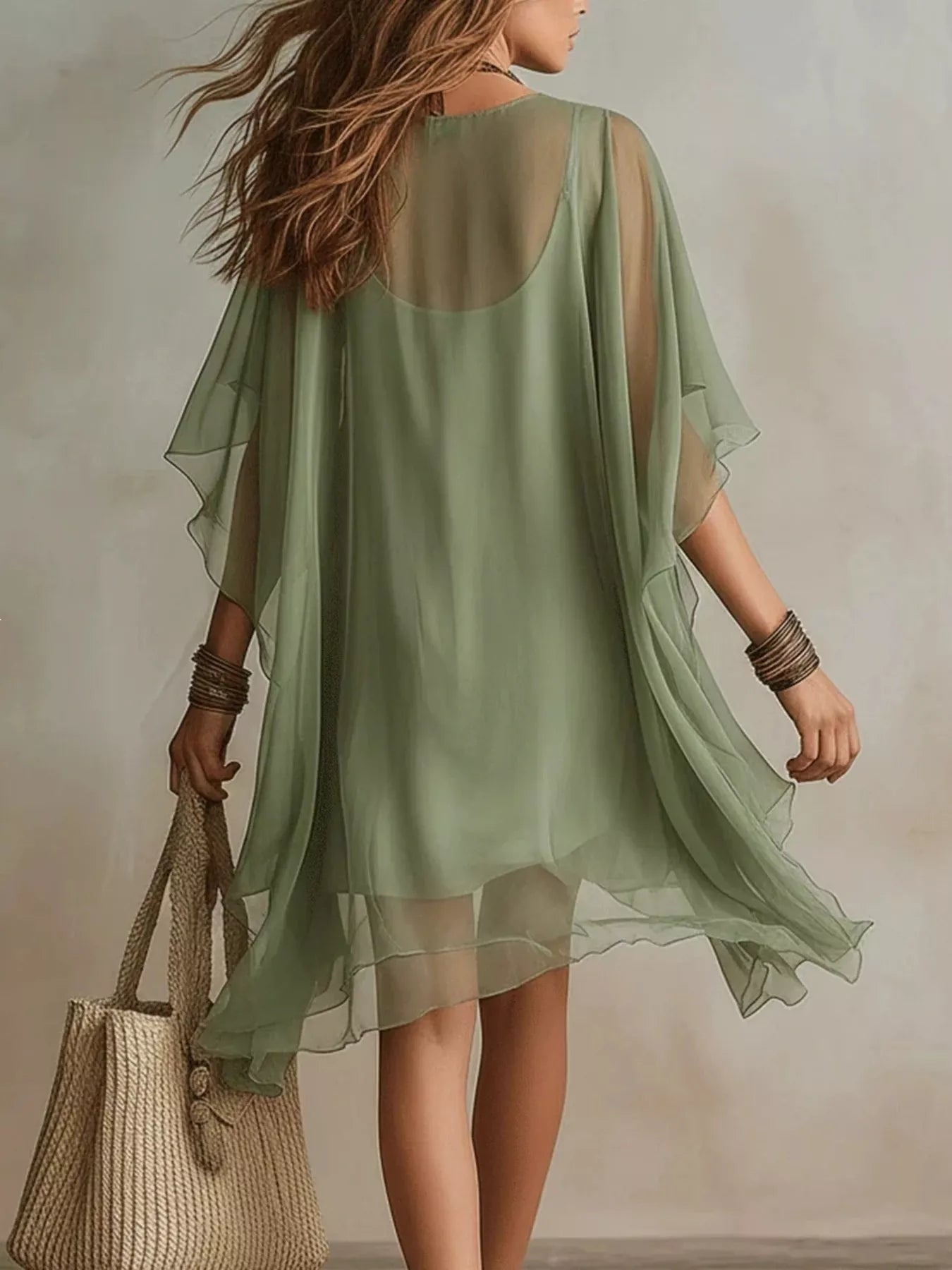 Green chiffon mini dress with lace V-neck front and open back cape sleeves