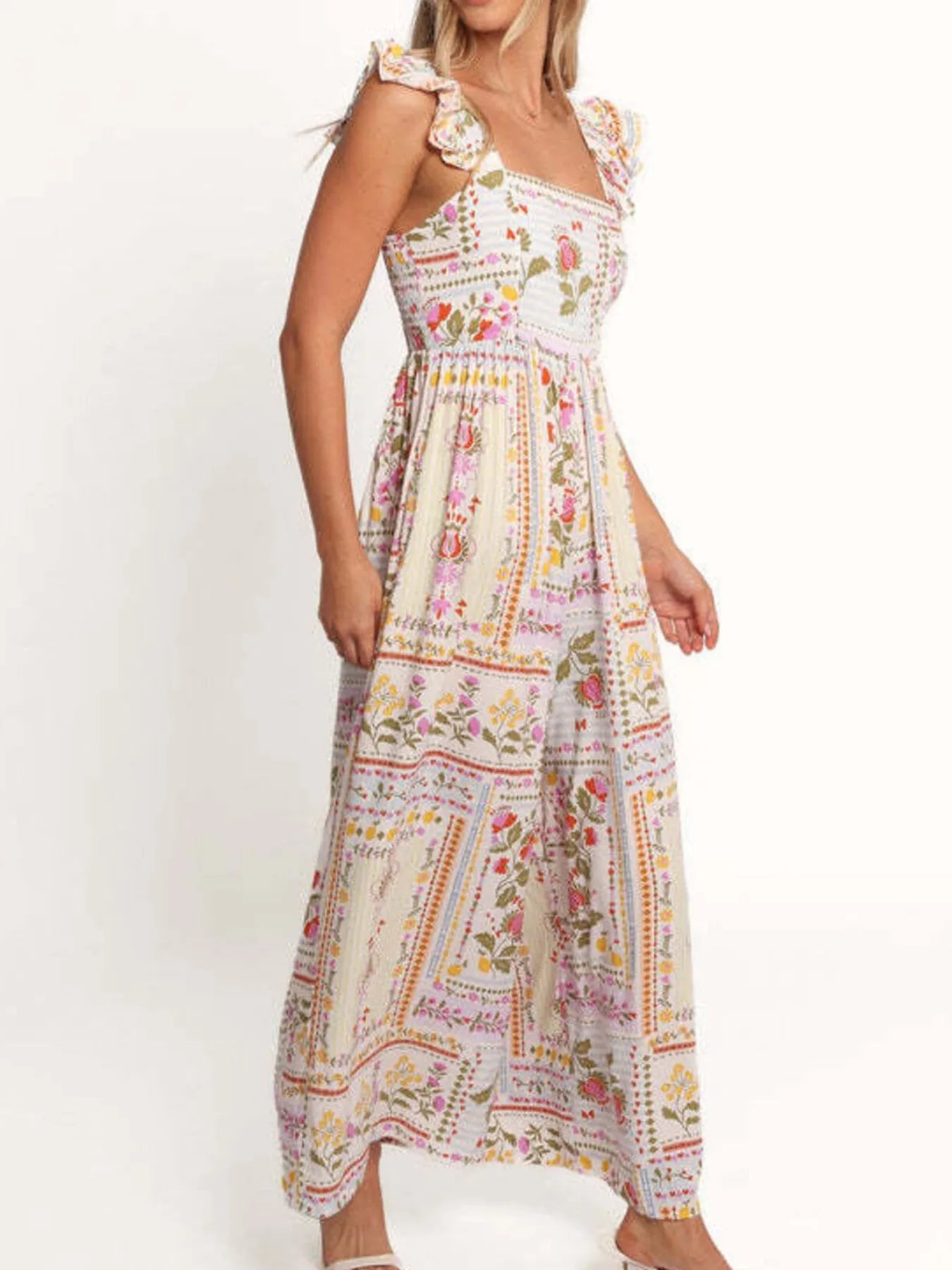 Floral print wide-leg jumpsuit with ruffle shoulder straps and gathered bodice