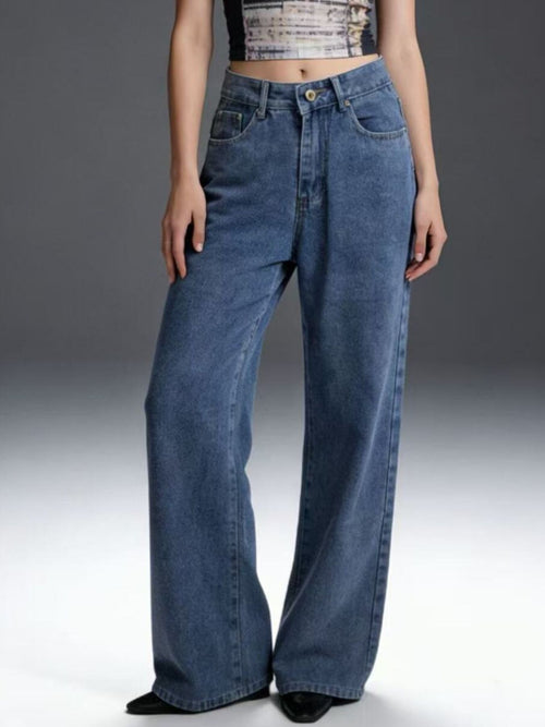 Blue wide-leg jeans with high waist, button fly, and front pockets
