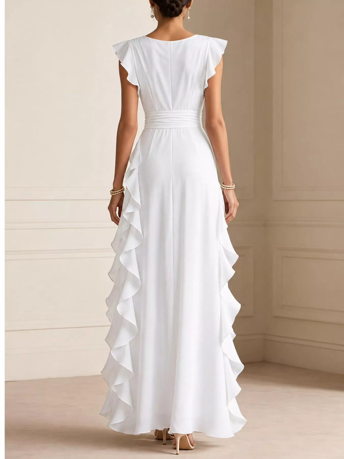 White sleeveless maxi dress with scooped back and layered ruffle hem