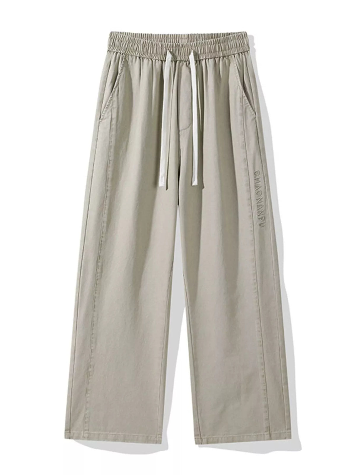 Men's wide-leg drawstring casual pants, light gray khaki tone, elastic waistband with ties.
