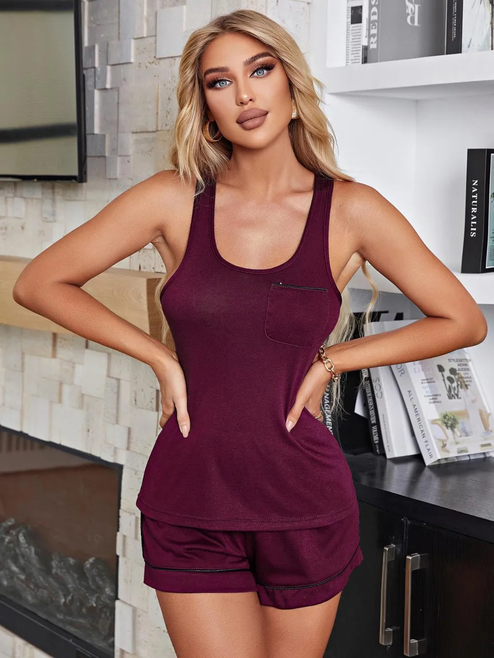 Burgundy scoop-neck wide-strap tank and matching shorts lounge set, sleeveless.