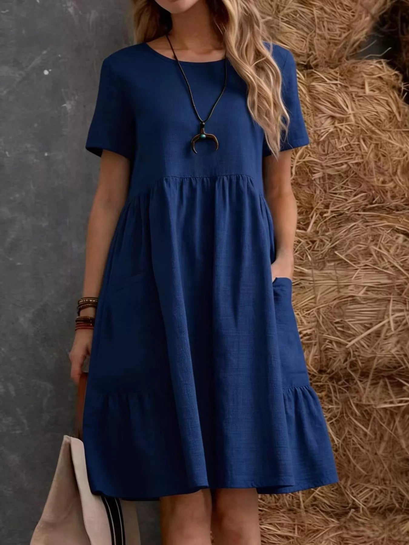 Cedar & Moore Full Size Casual Loose Fit Tiered Ruffle Hem Dress Plus Size, navy blue, short sleeves