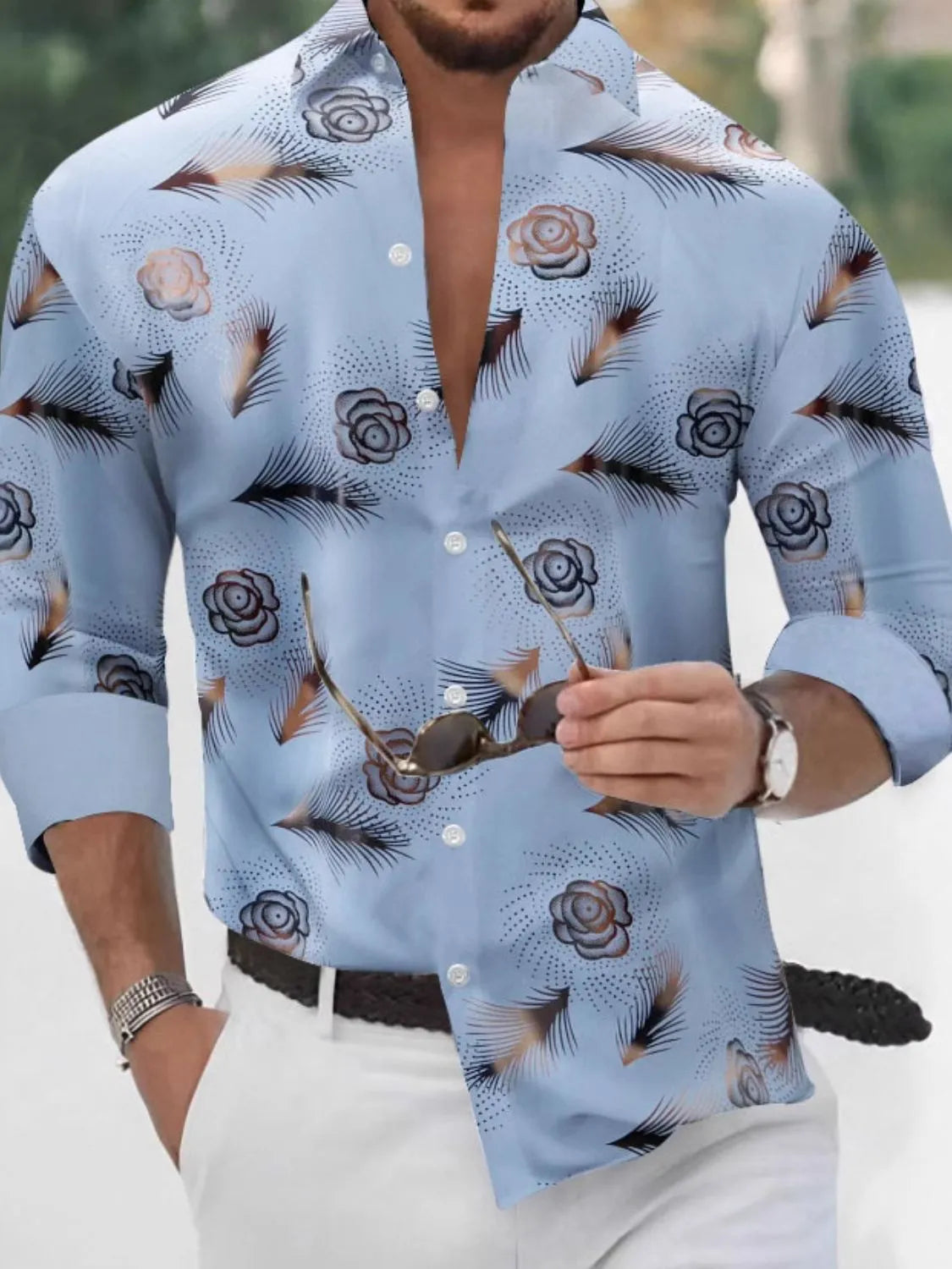 Men's button-up long-sleeve shirt in light blue with rose and feather print
