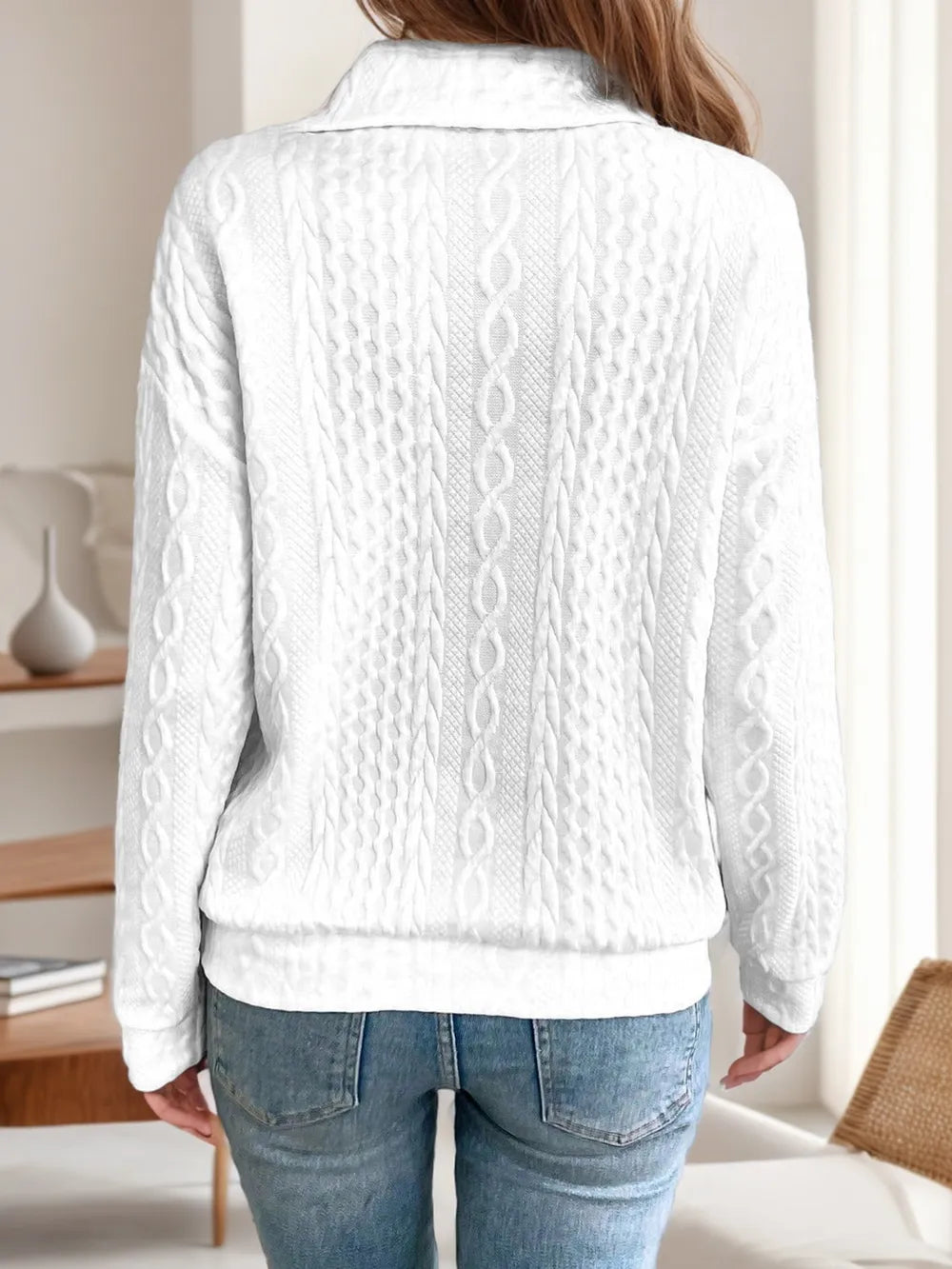 White long-sleeve sweatshirt back with collared neck and diagonal zipper detail