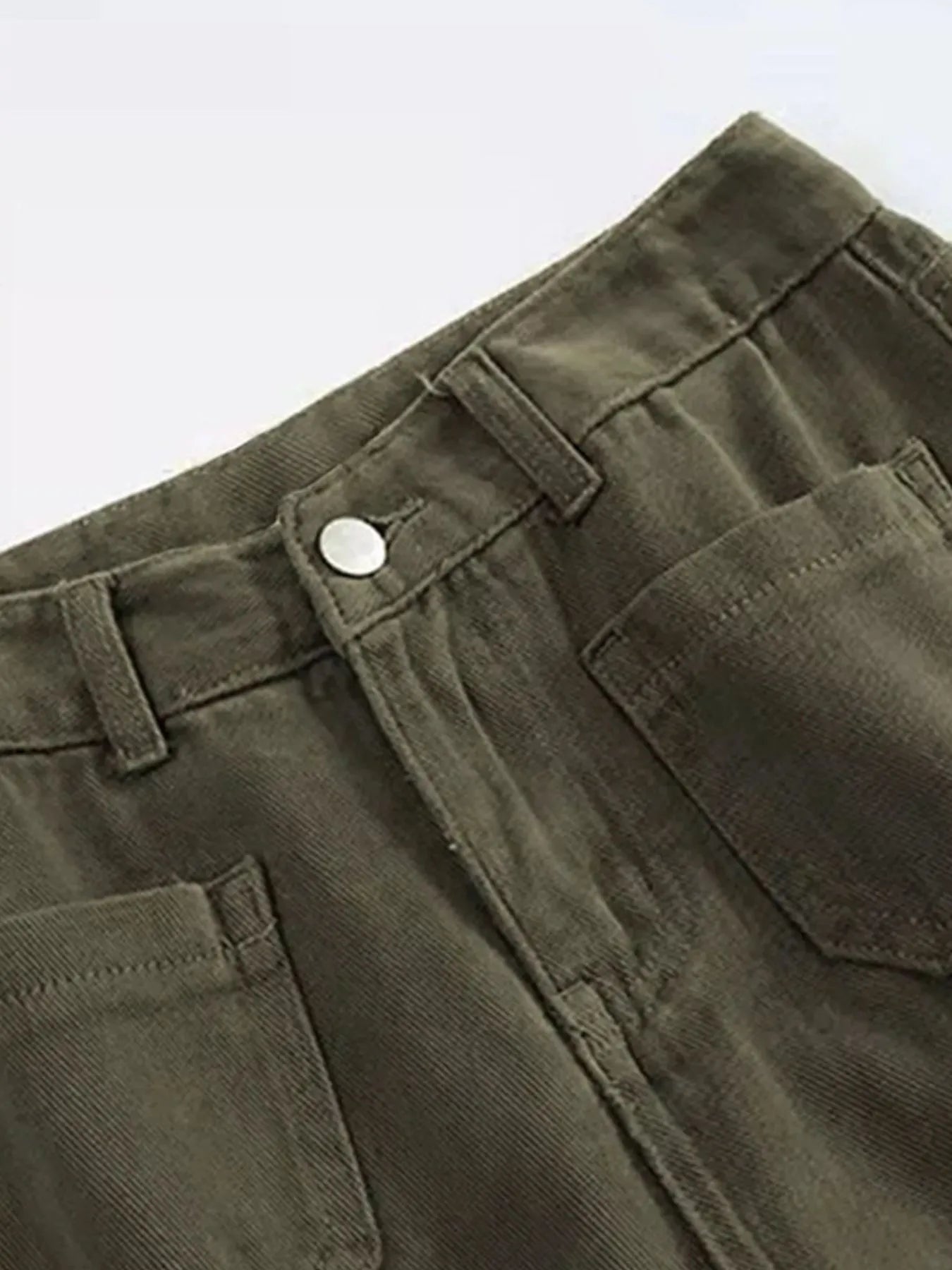 Olive wide-leg pants waistband with belt loops and patch pockets