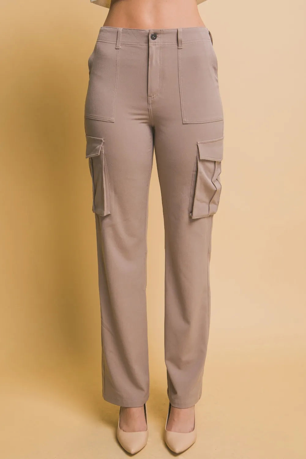 Taupe high-rise cargo pants with cargo pockets and front slant pockets
