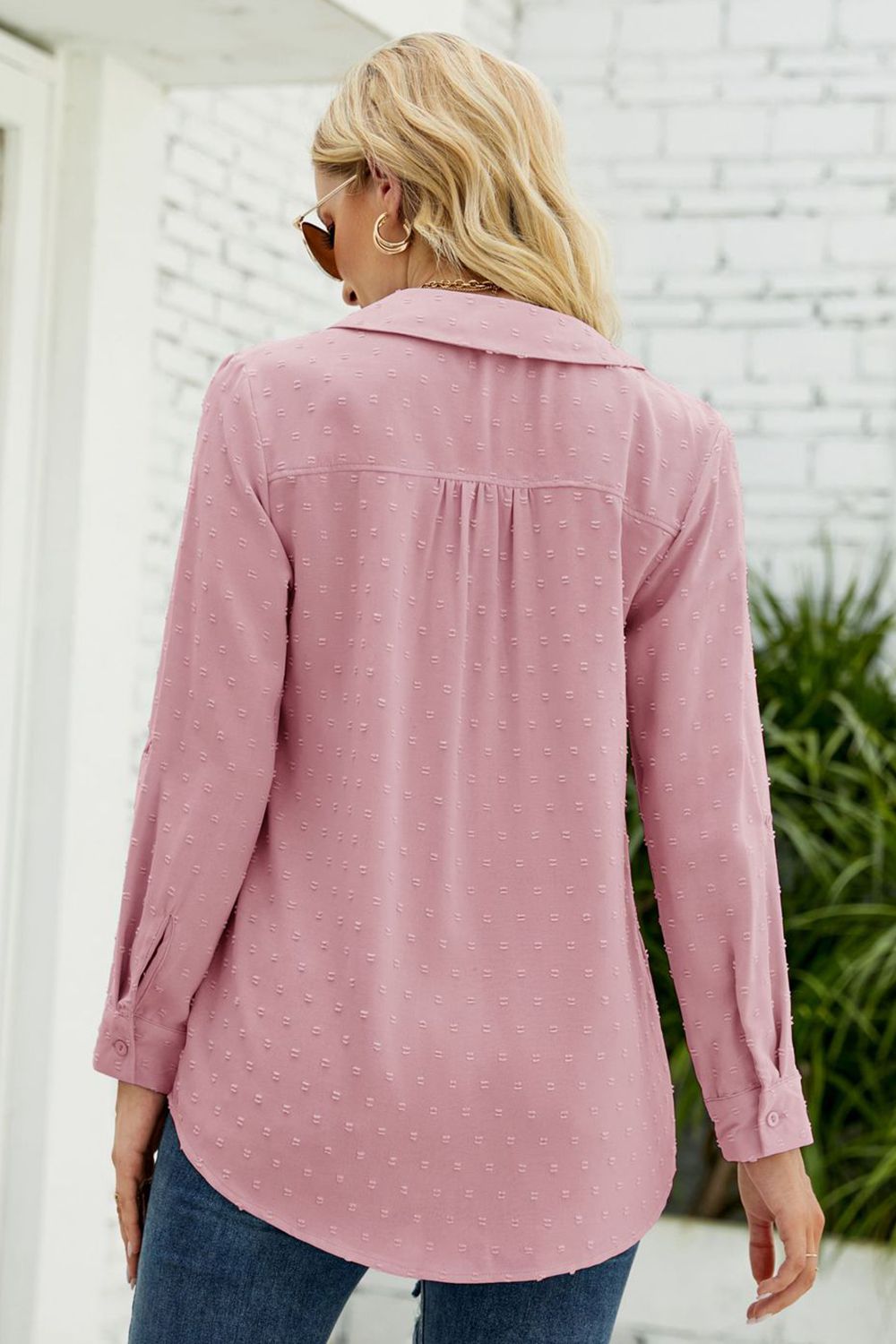Swiss dot johnny collar blouse, dusty pink back with button placket