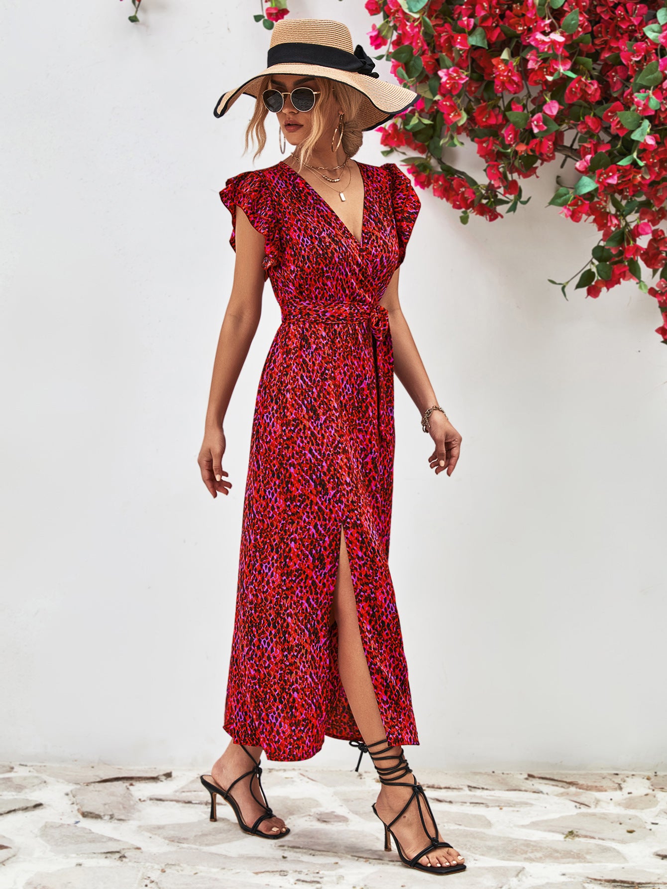 Printed surplice V-neck slit dress with flutter sleeves, red and multicolor pattern