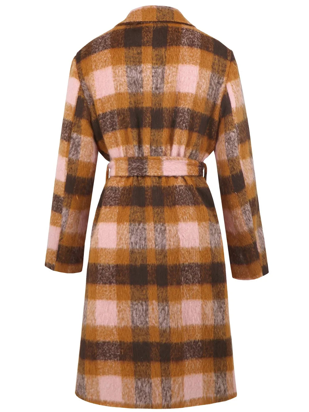 Back view plaid collared coat with tie belt, long length, brown tan and pink check pattern