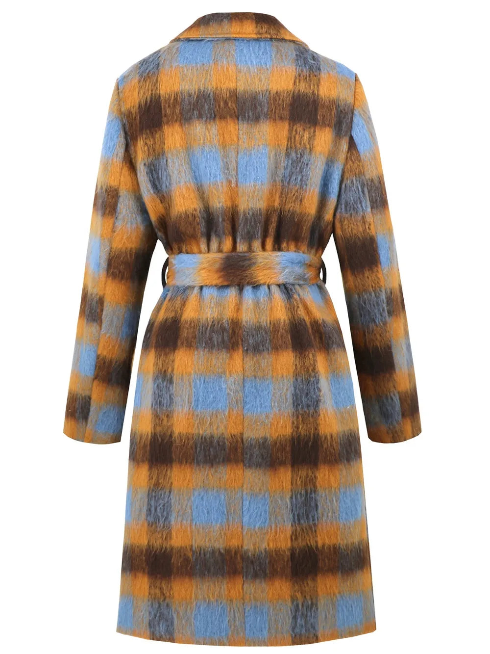 Plaid collared neck coat with waist tie belt, long sleeves, back view flat lay.