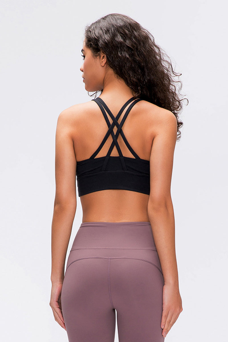 Black sports bra with crisscross X-back straps