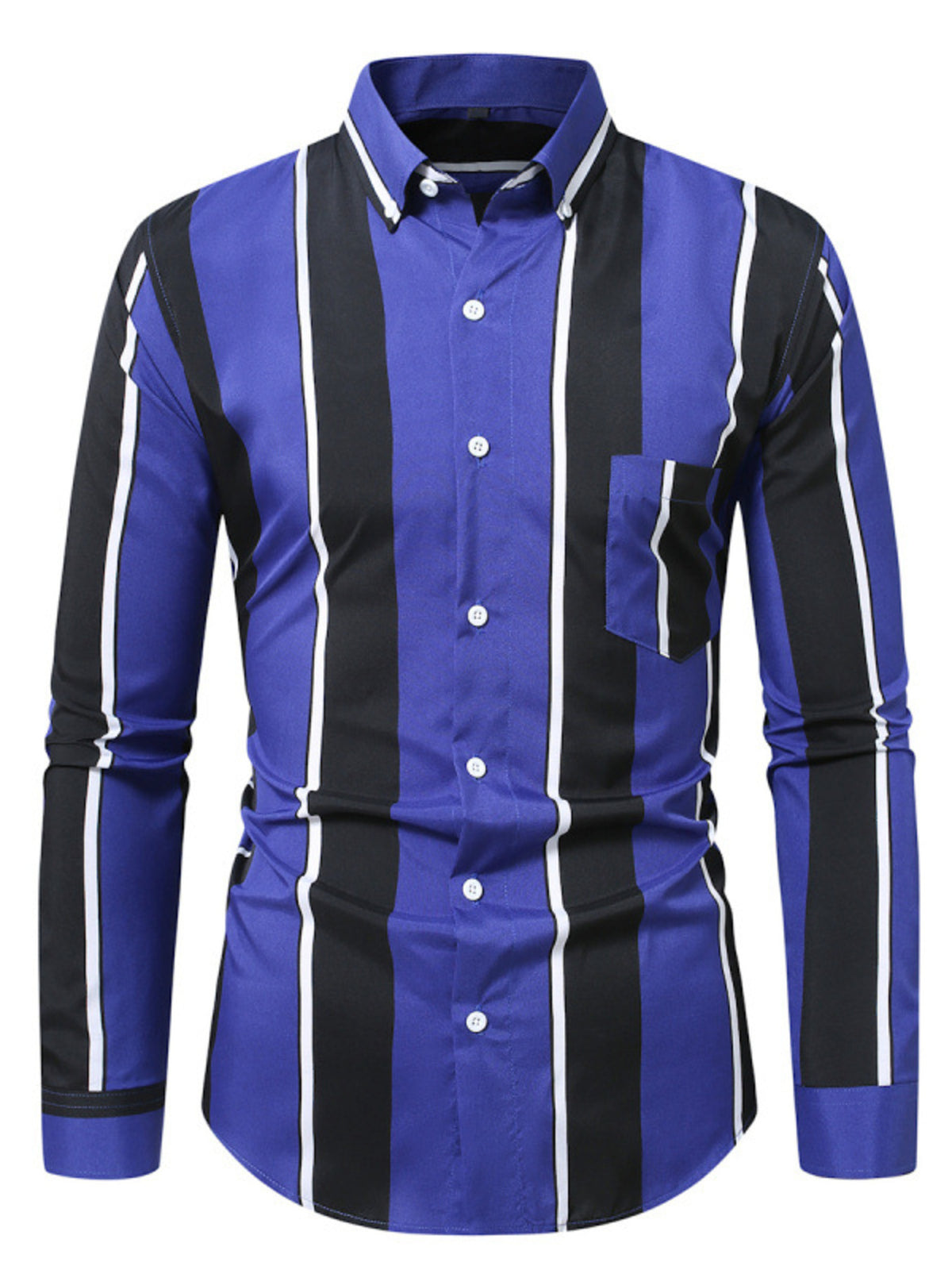 Men's slim fit striped button-up cotton shirt, blue with black and white vertical stripes