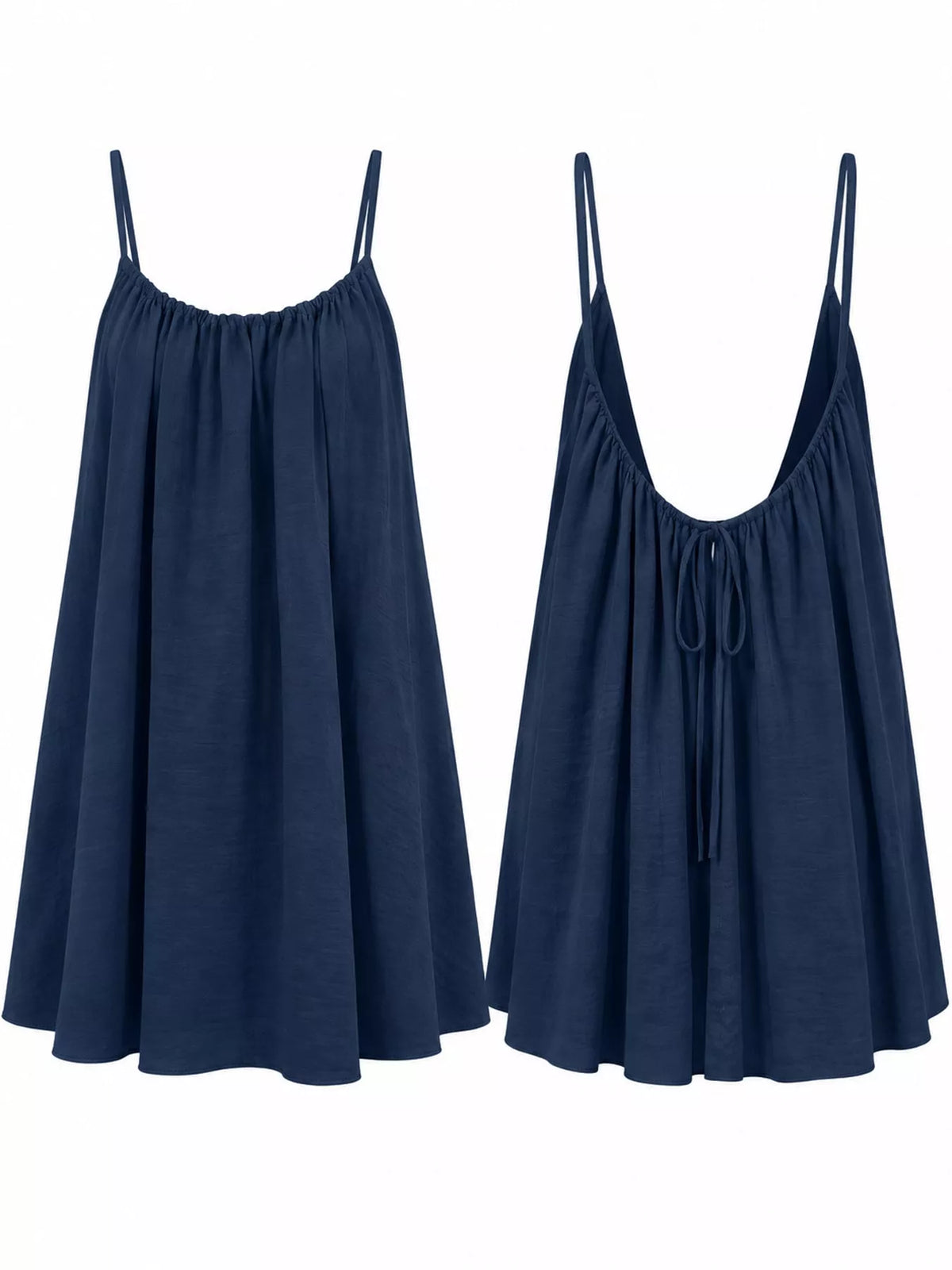 Navy backless spaghetti strap ruched mini dress with gathered skirt and tie-back detail