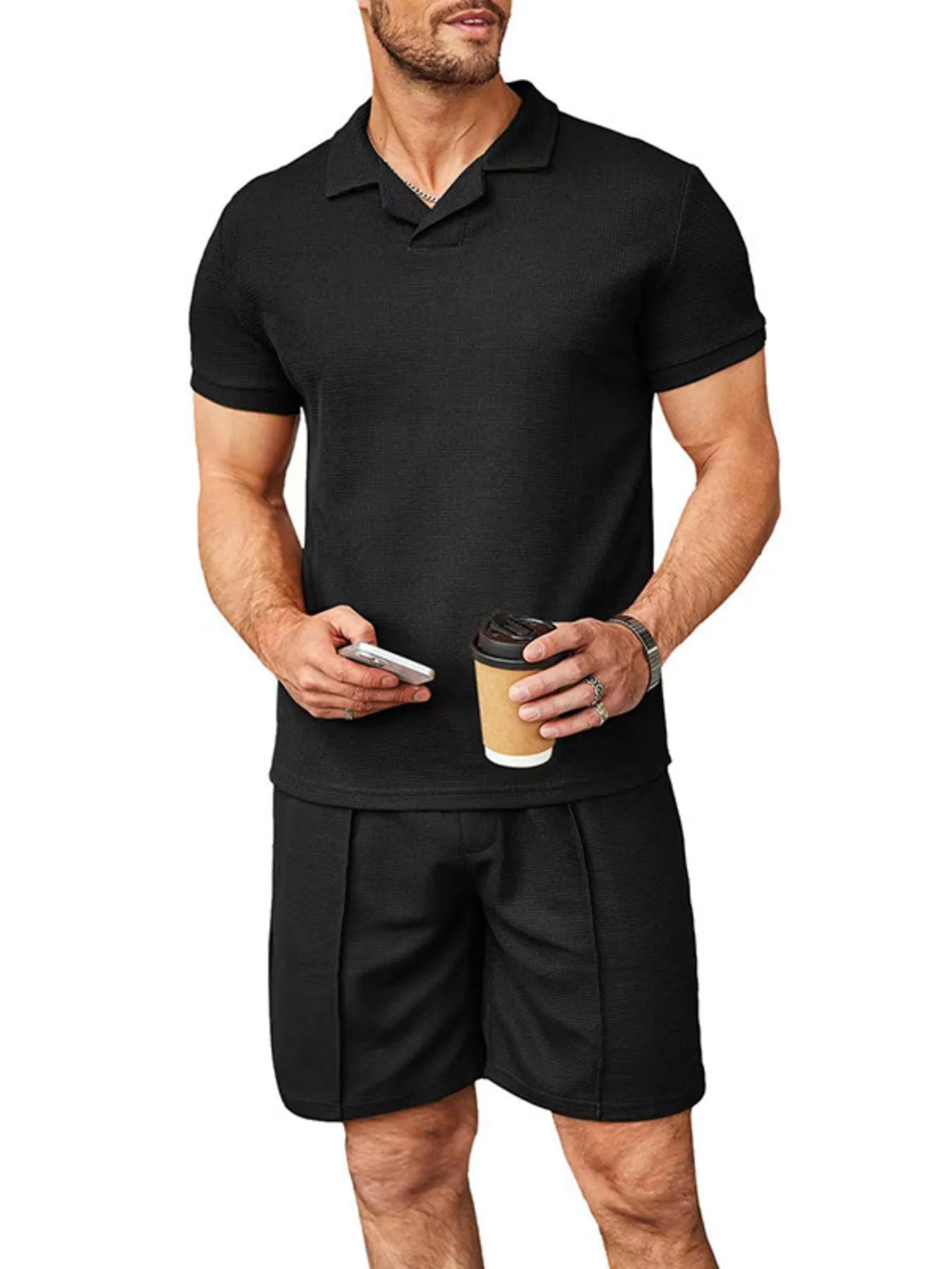 Men's plus size short-sleeve top and shorts set, black polo and matching shorts