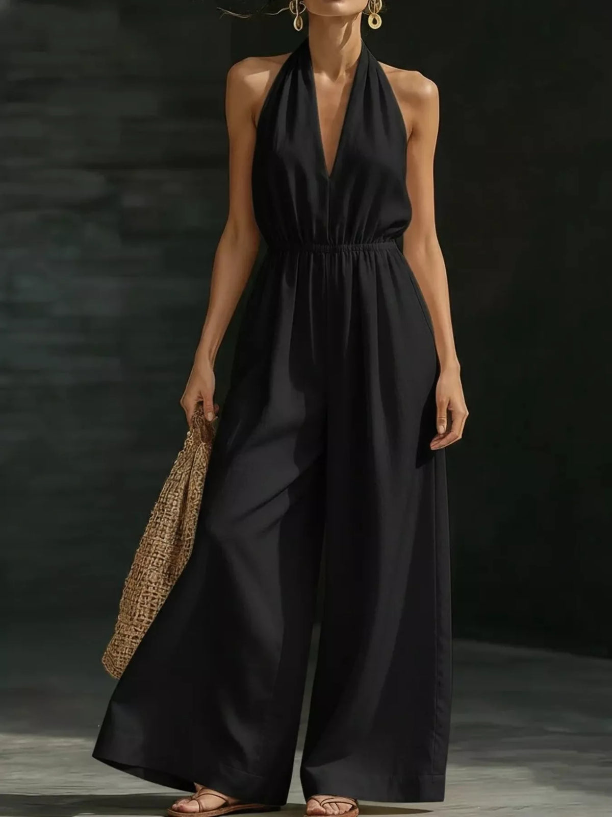 Black halter-neck wide-leg jumpsuit with deep V neckline and gathered waist