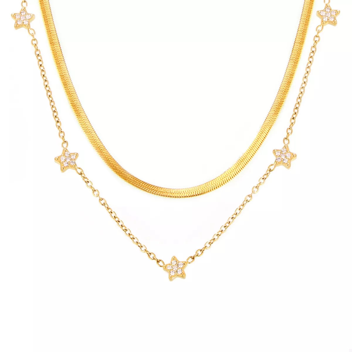 Gold-plated 2-piece necklace set close-up: curved chain plus star zircon pendants