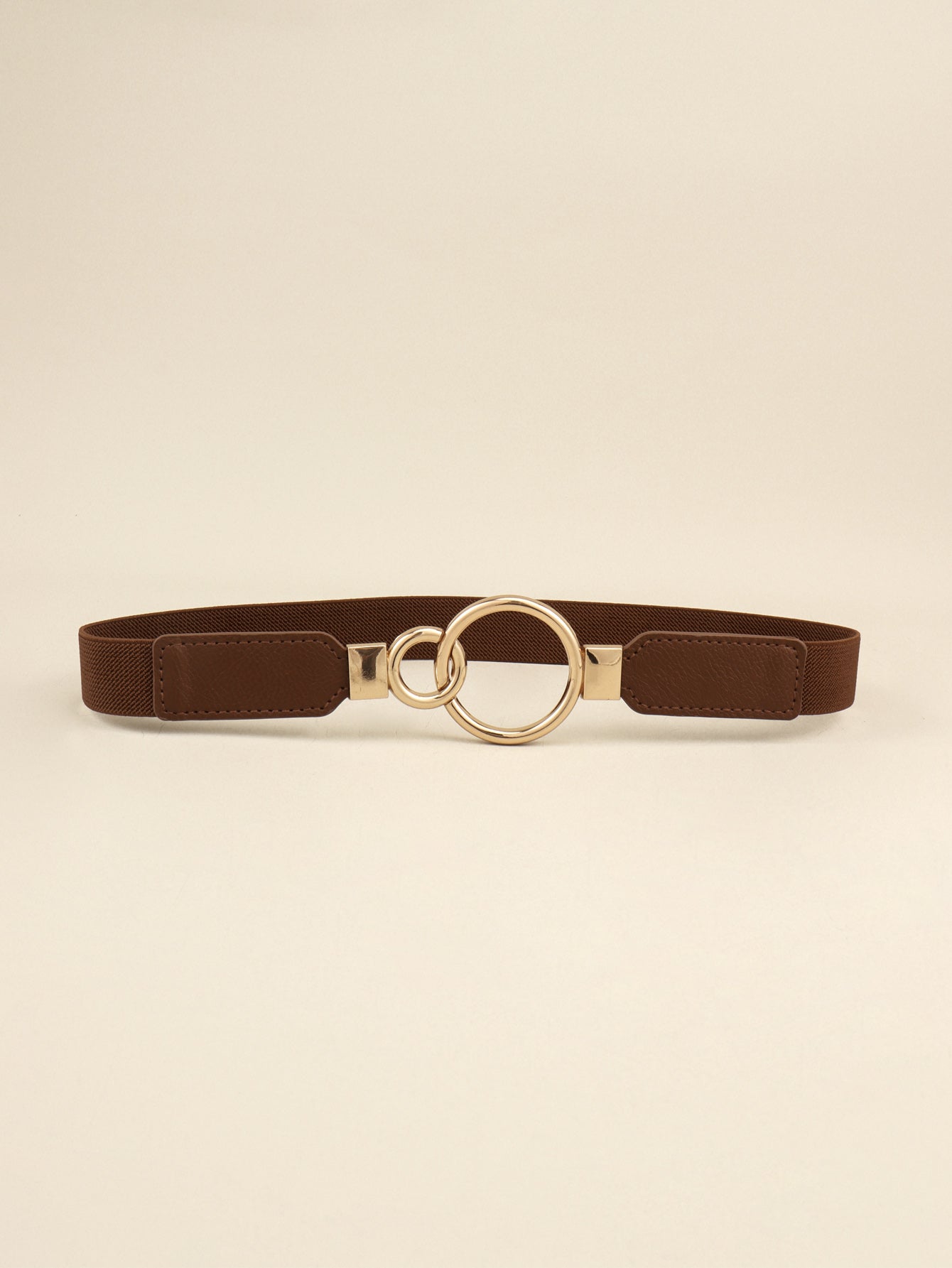 Chocolate brown elastic vegan leather belt with double ring buckle and gold-toned hardware