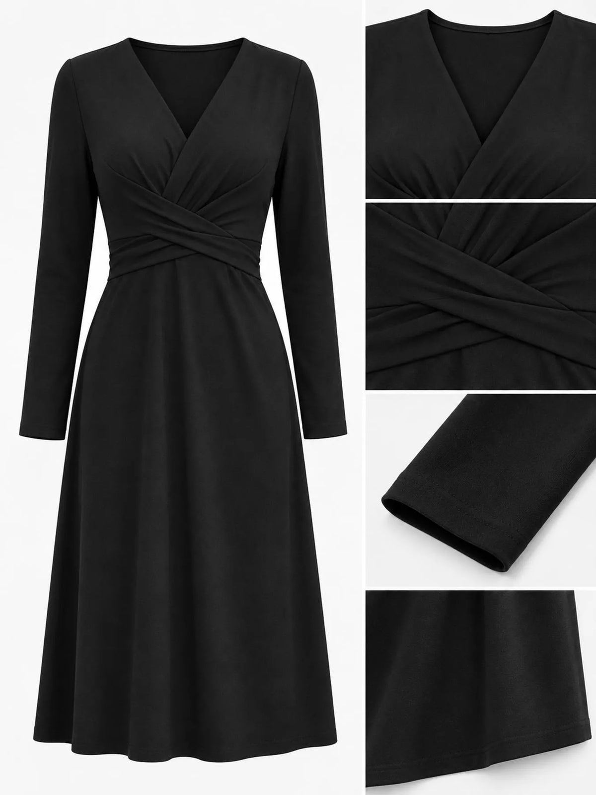 Black V-neck long-sleeve midi dress with ruched crisscross front, fabric and hem close-up