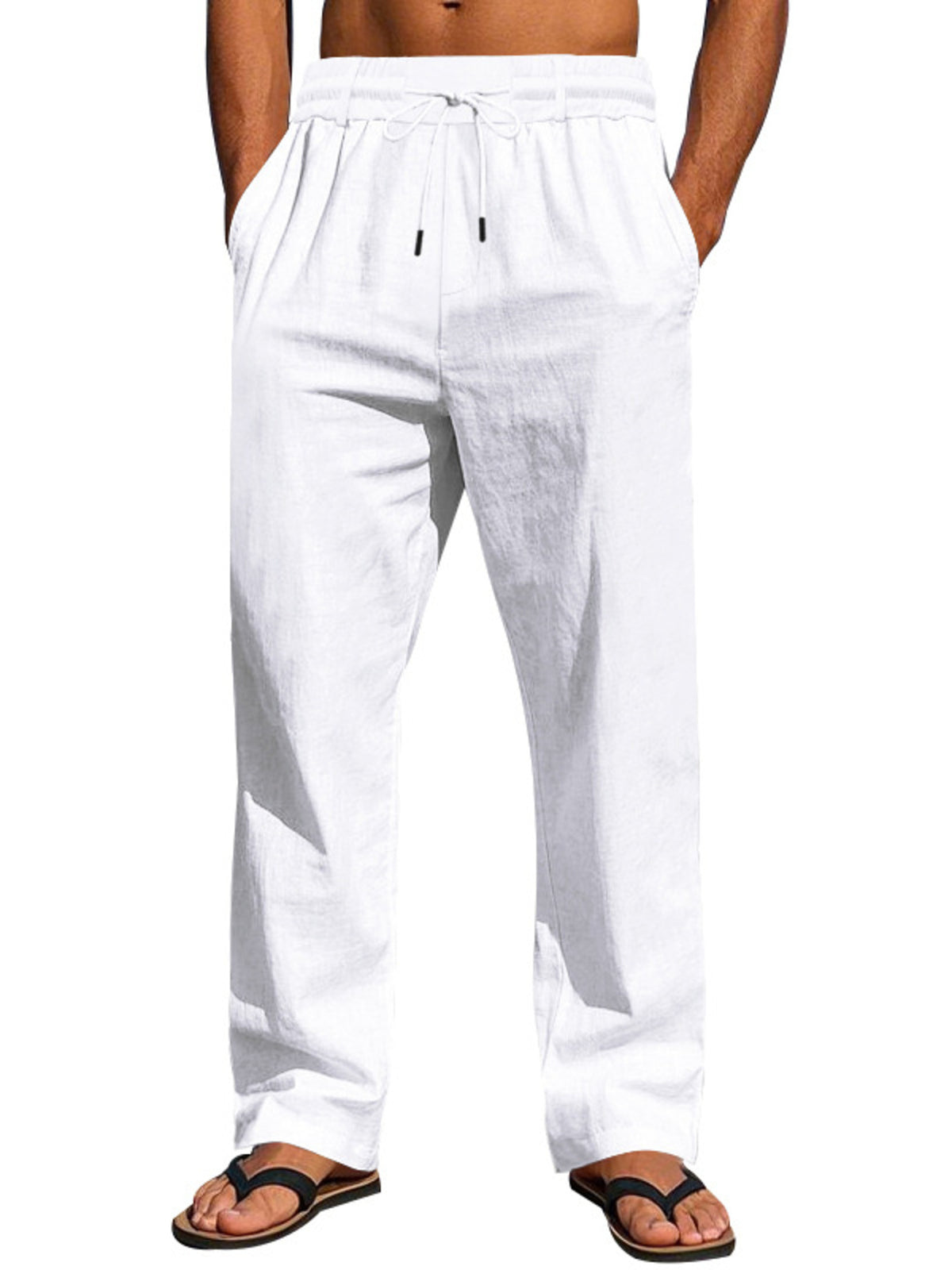Lightweight men’s drawstring pants in white, elastic waist, loose straight-leg cut