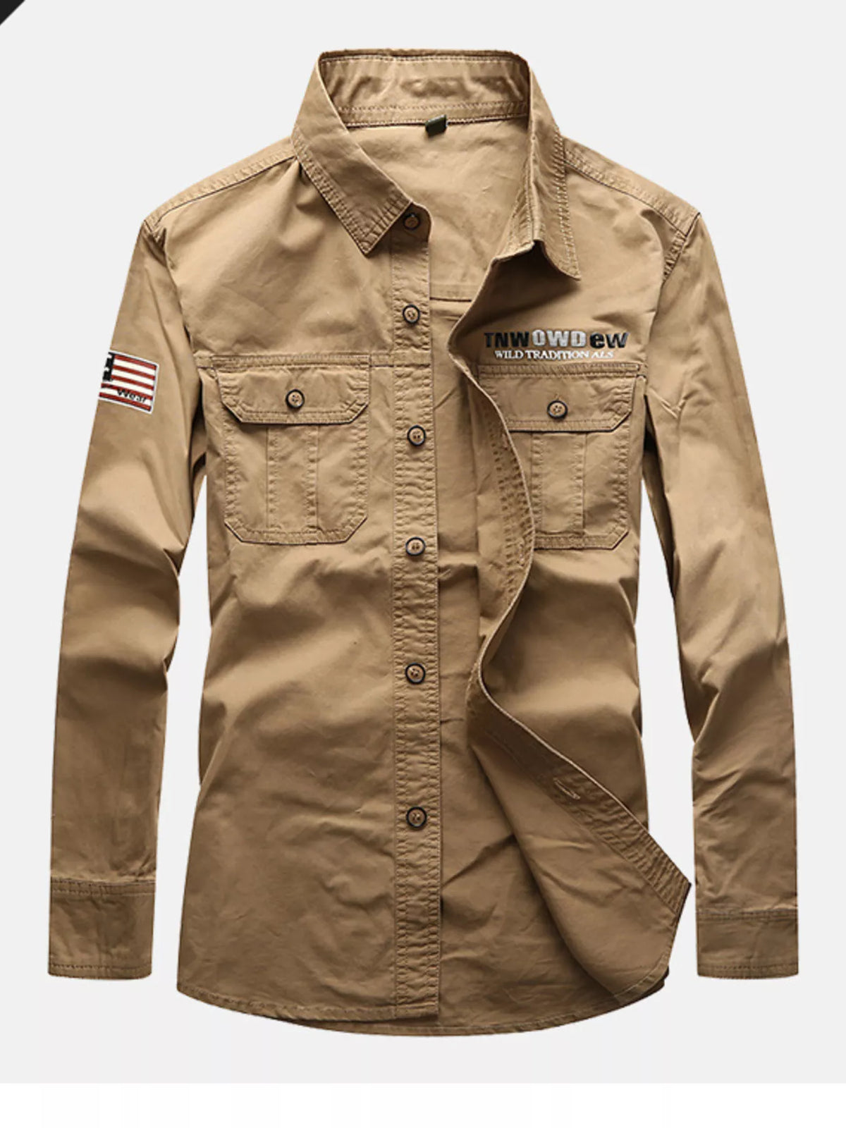 Men's long-sleeve cotton button pocket shirt, khaki, flap chest pockets