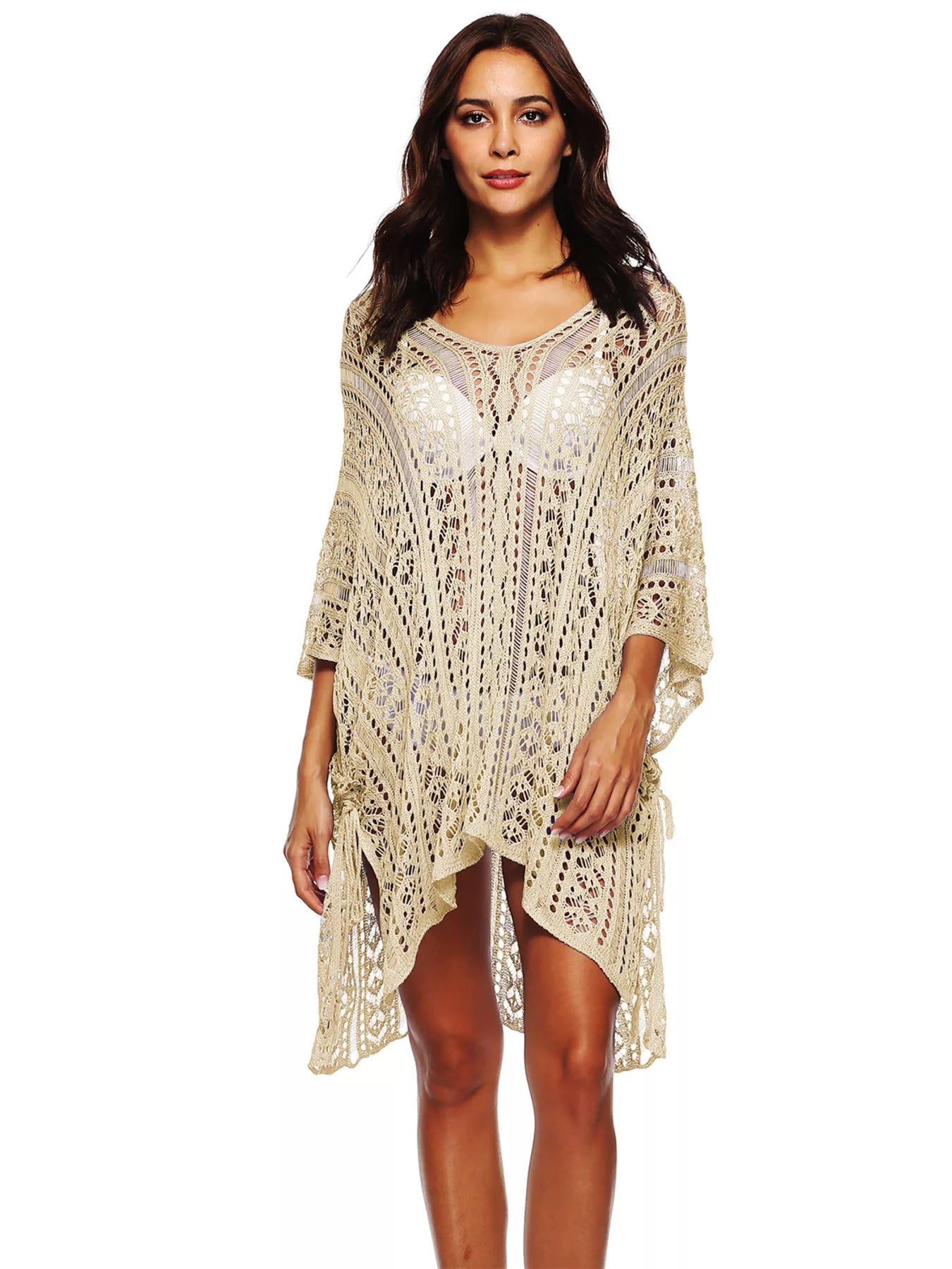 Cream crochet v-neck cover-up with loose sleeves and scalloped openwork hem