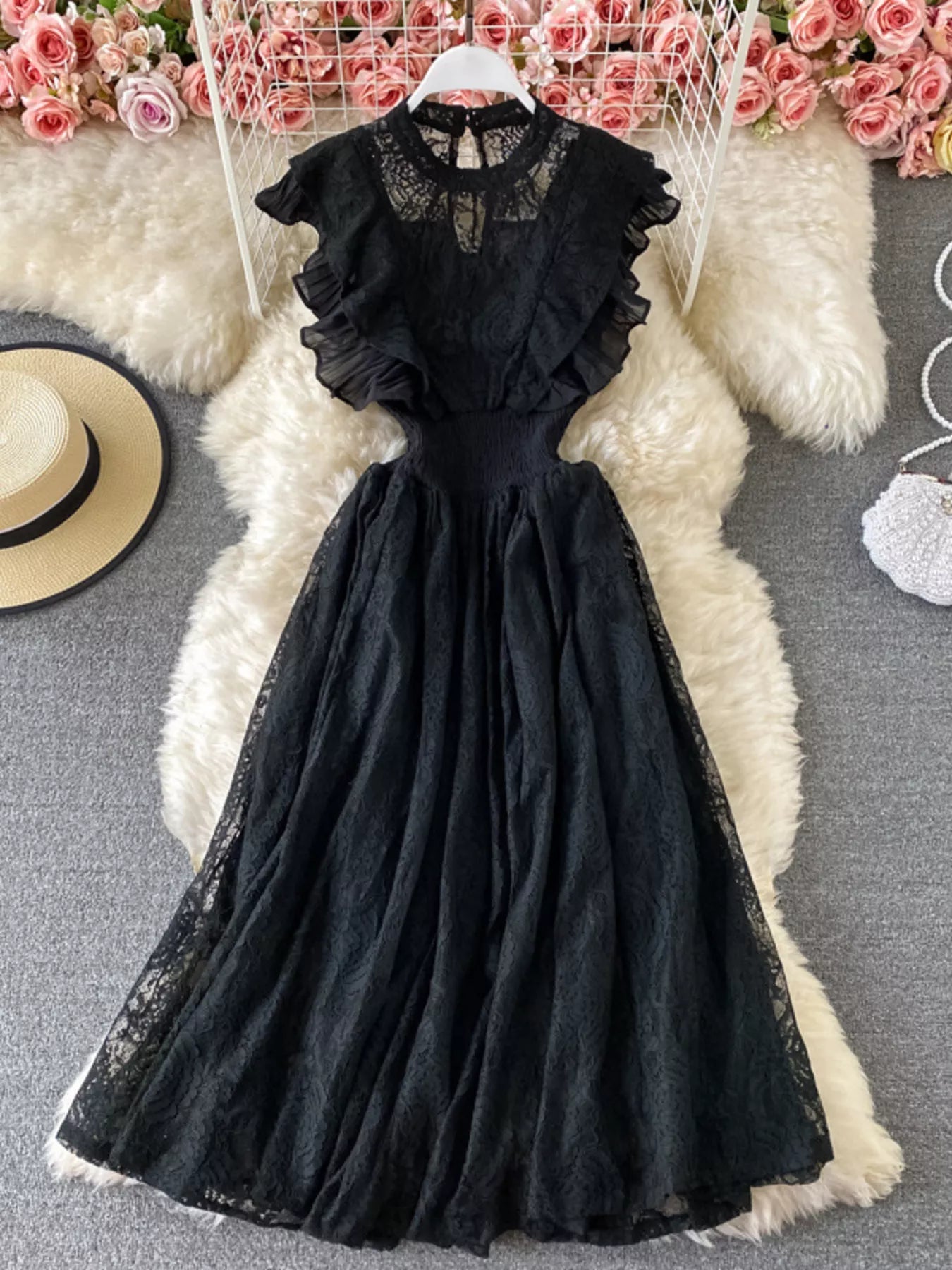 Cedar & Moore Ruffled Mock Neck Lace Maxi Dress, black lace with puff sleeves