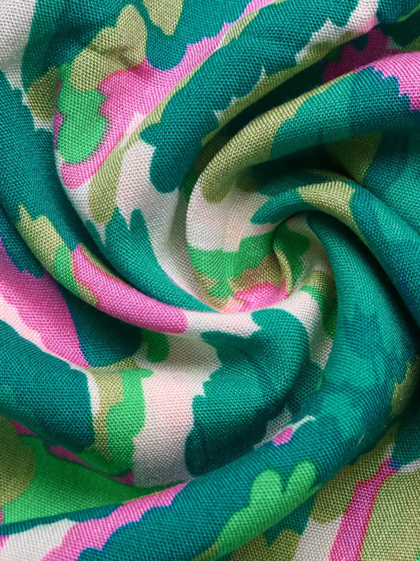 Cedar & Moore Printed V-Neck Flounce Sleeve Dress fabric close-up in teal, pink, lime green