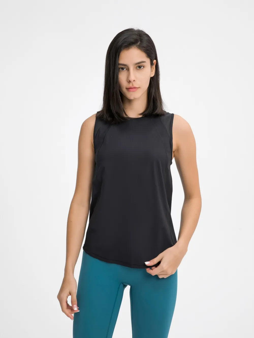 Active tank top with round neck, sleeveless, black