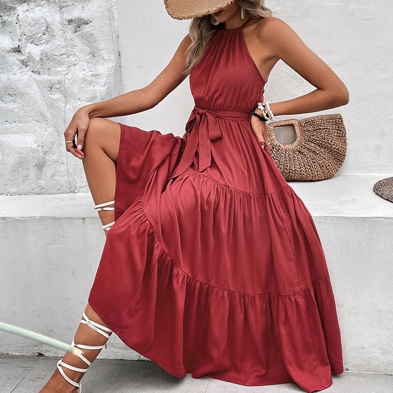 Burgundy halter tiered midi dress with draped waist tie and layered skirt tiers