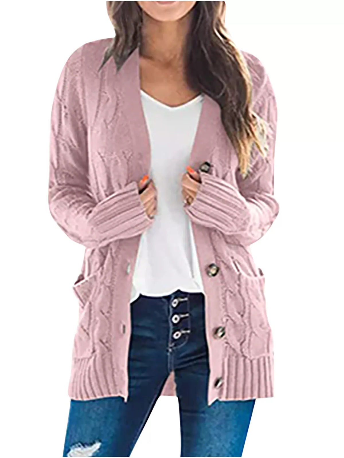 Dusty pink chunky cable-knit cardigan with button front and textured cable pattern