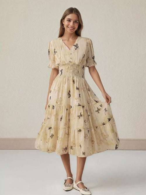 Beige butterfly print tiered midi dress with smocked waist and short puff sleeves