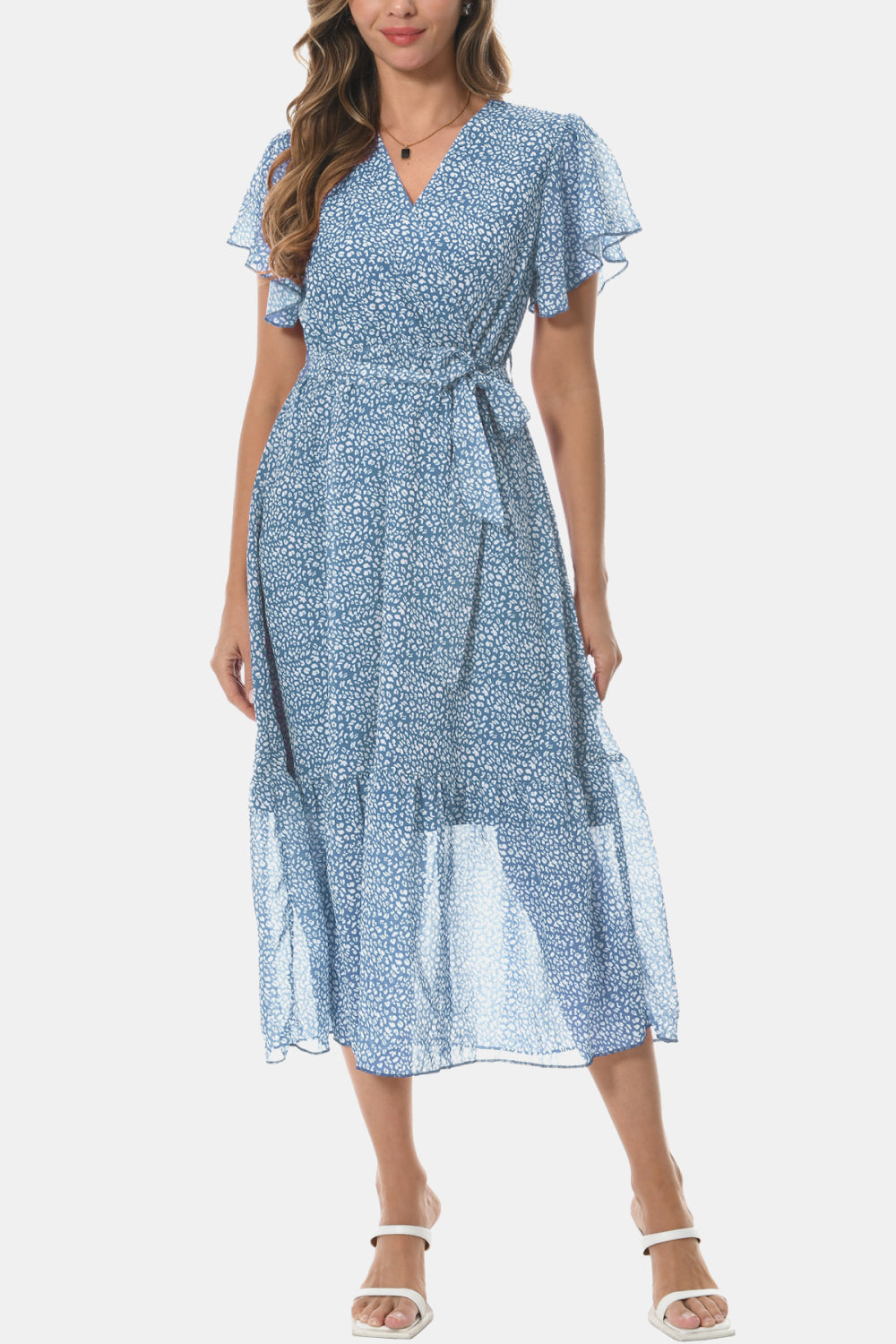 Light blue surplice V-neck dress with flutter sleeves, tie waist, tiered hem