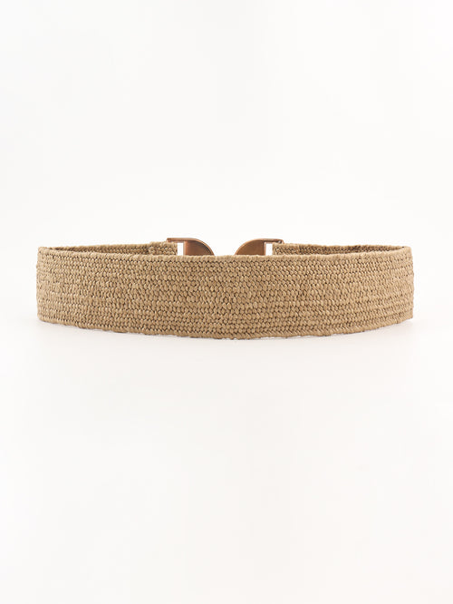 Khaki woven elastic belt with gold-tone buckle, back view