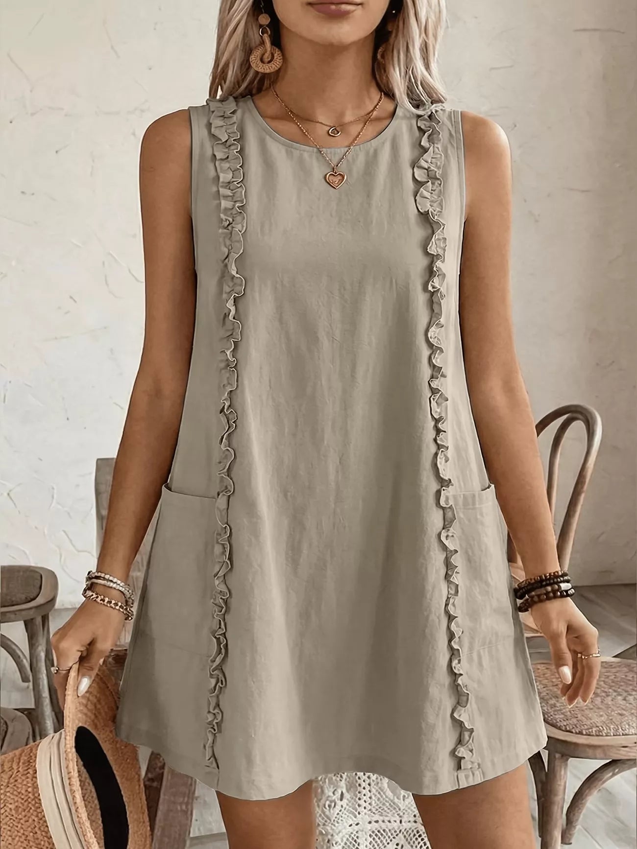 Cedar & Moore Frill Sleeveless Round Neck Dress in sage with pocketed sides and ruffle trim