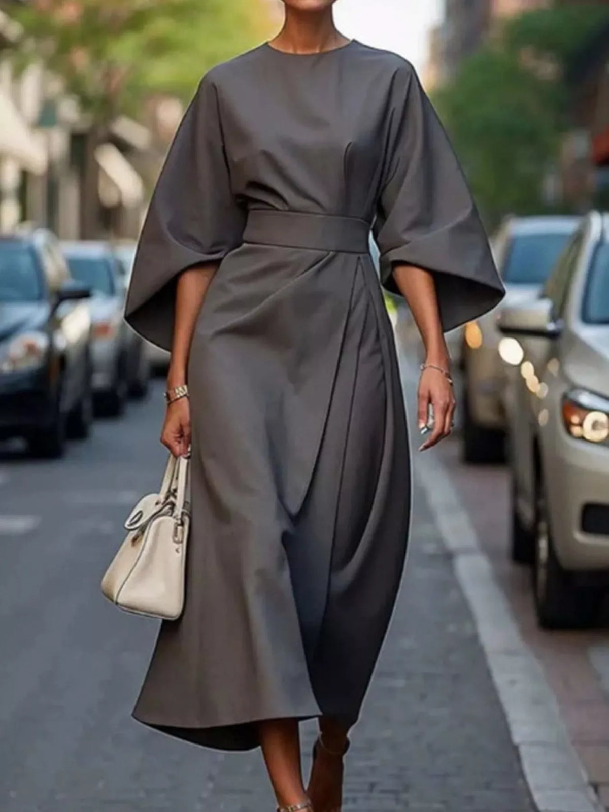 Women\'s gray belted midi dress with kimono sleeves and high waist wrap detail