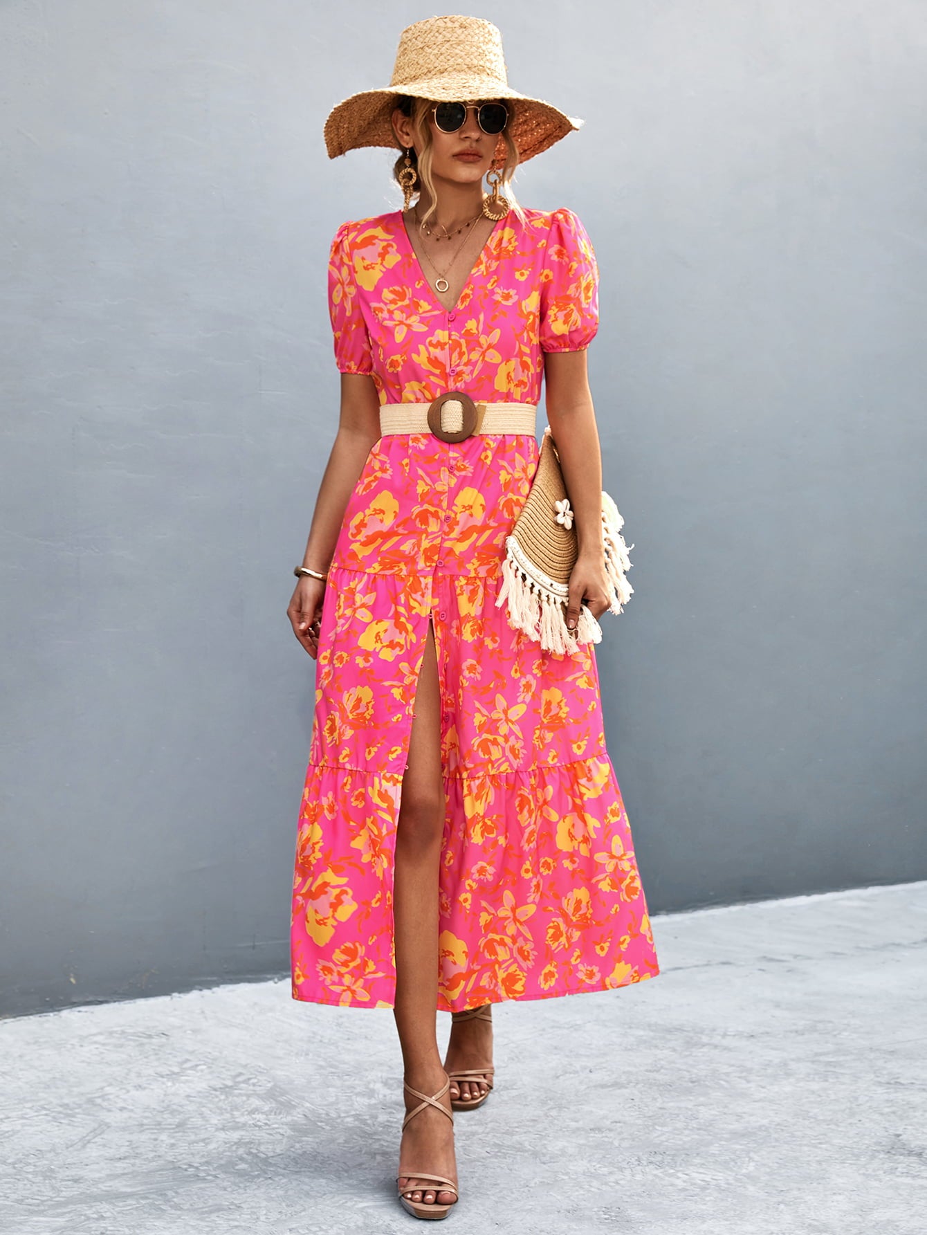 Hot pink V-neck short sleeve midi dress with high slit and yellow floral print, belted waist