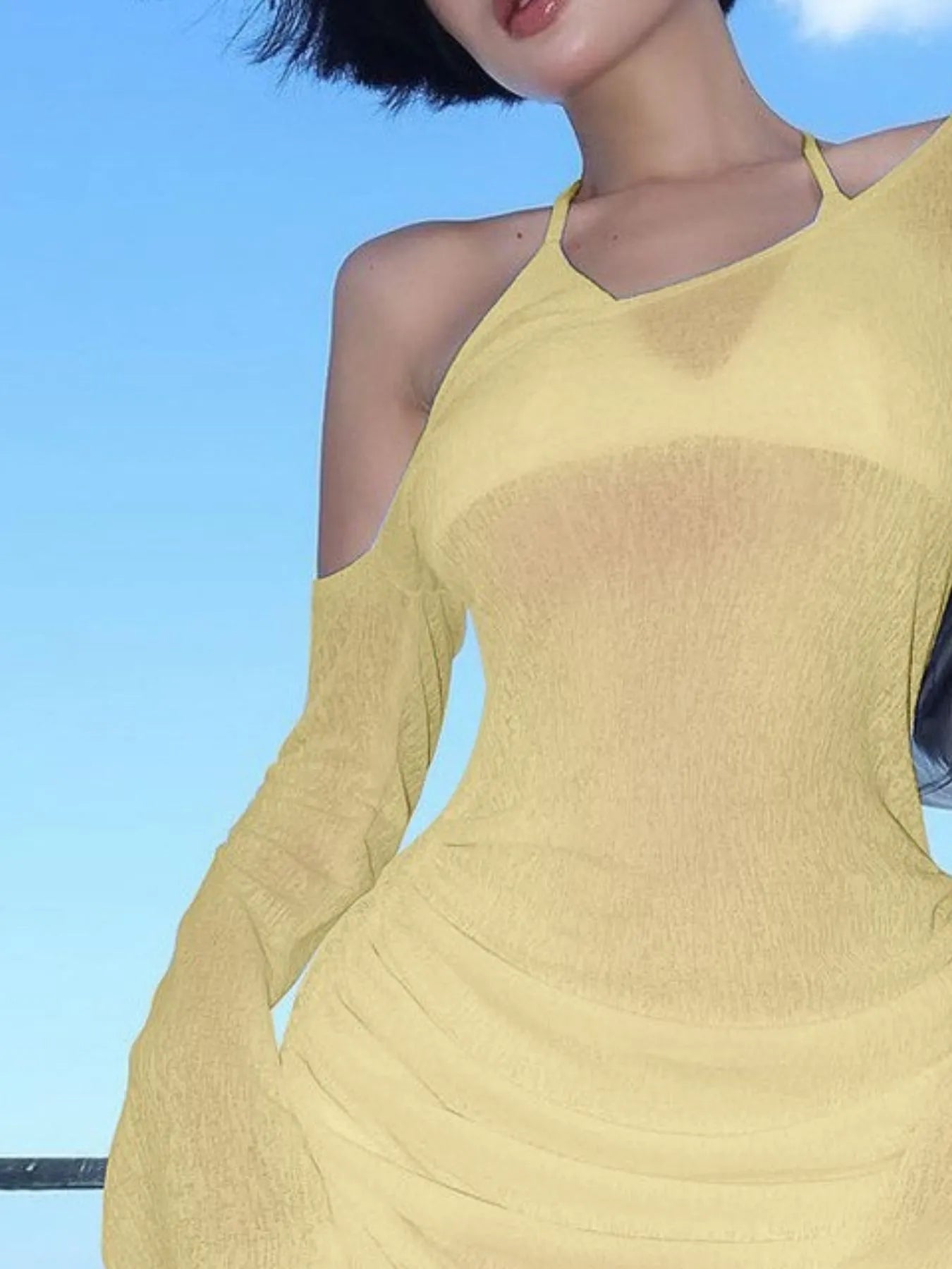 Yellow one-shoulder ruched mini cover-up dress with long sleeves and ruched bodice