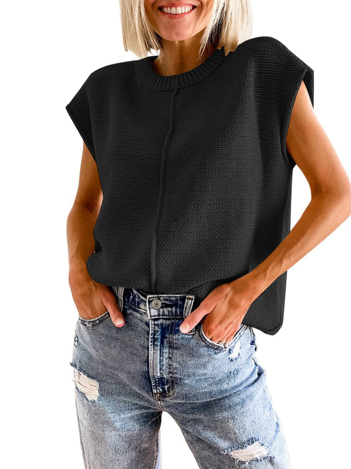 Cap-sleeve sweater vest in black knit with ribbed crew neck and vertical center seam